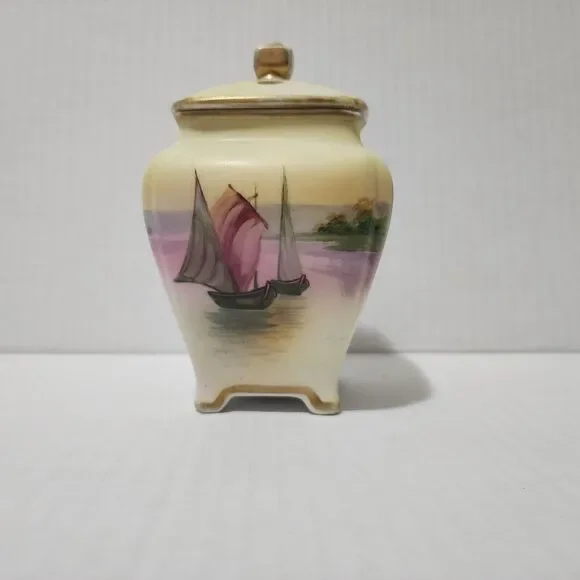 Antique or Vintage Nippon Small Porcelain Potpourri Jar with Lid Sailboat Scene - Picture 2 of 9